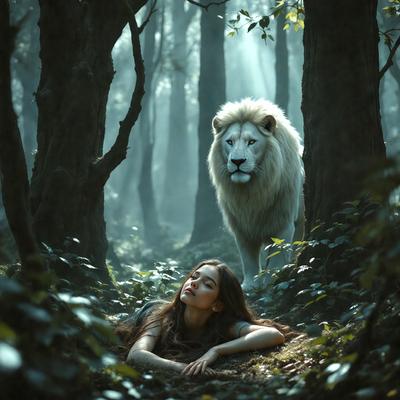 The primary subject of the image is a woman lying on the ground in a forest. The setting is a wooded area with trees surrounding her. The visual style of the image is a photo, capturing the woman in a natural environment. The colors and mood of the image are predominantly dark, with the woman's hair and the surrounding trees being the main sources of light.